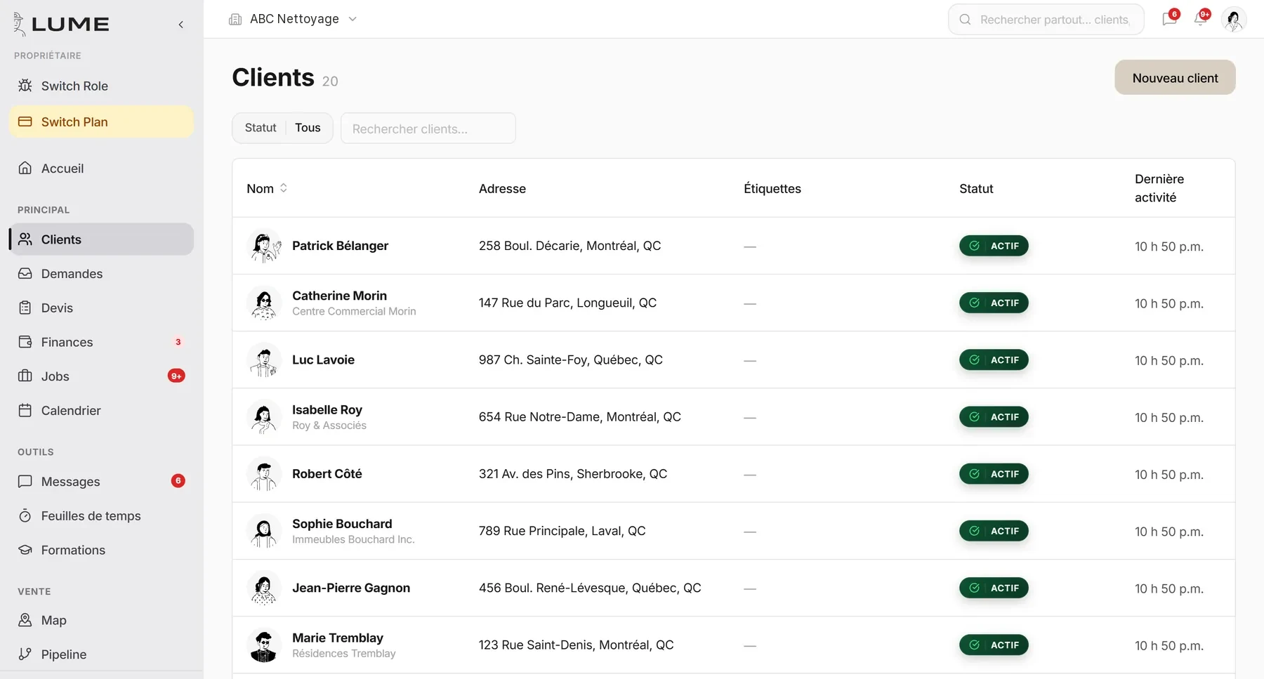 Liste des clients dans Lume