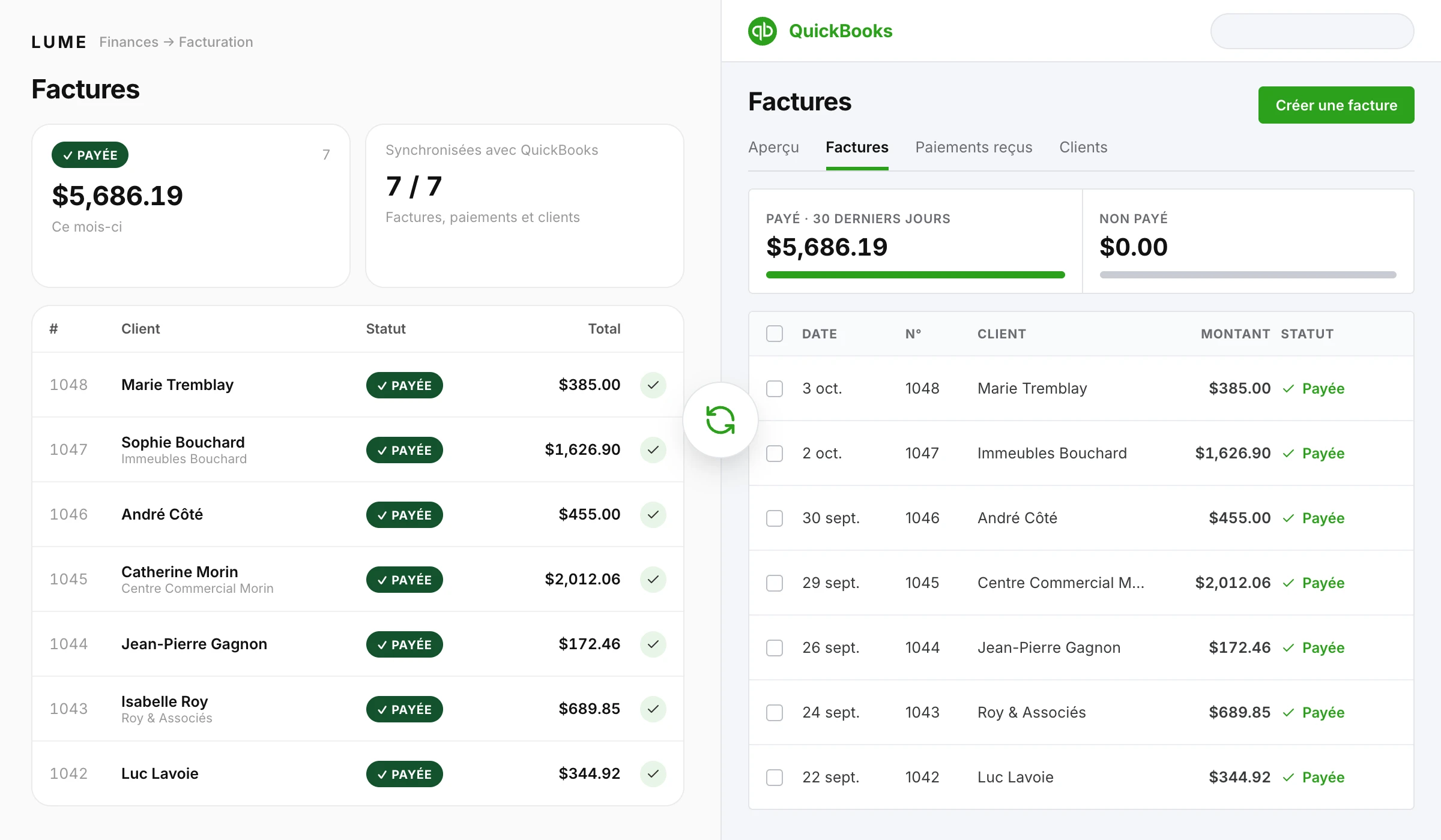 Les mêmes factures payées dans Lume et dans QuickBooks, synchronisées