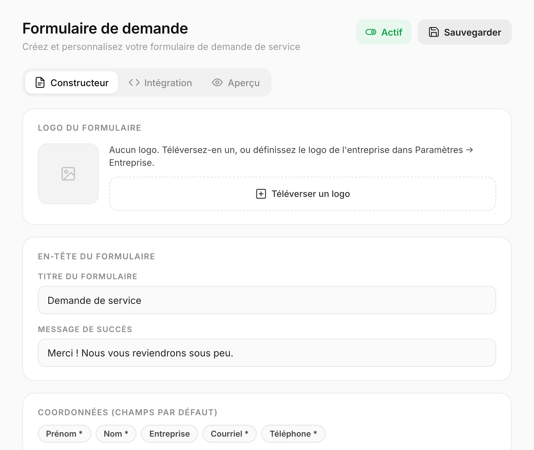 Constructeur du formulaire de demande dans Lume