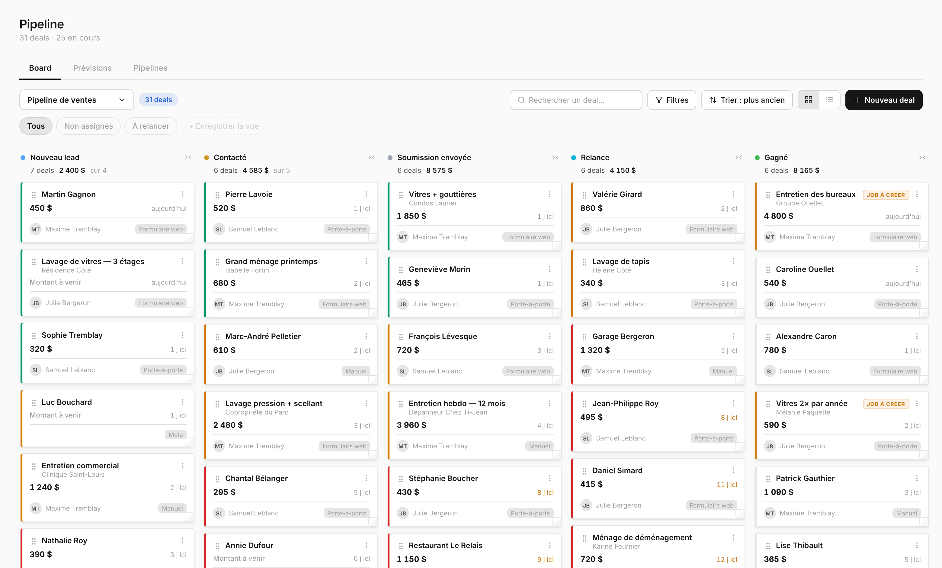 Page Pipeline de Lume : les deals en colonnes, de Nouveau lead à Gagné